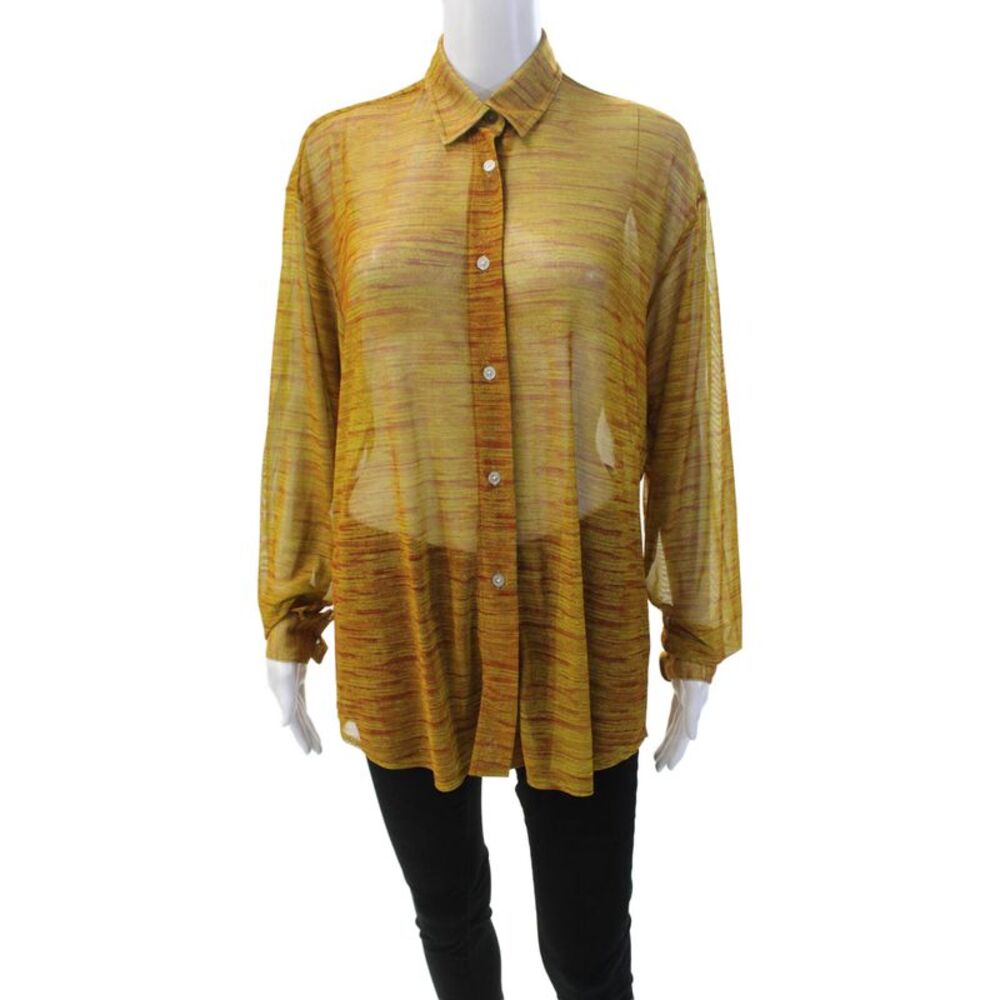 Designer Womens Sheer Long Sleeve Collared Button Down Blouse Green Size S